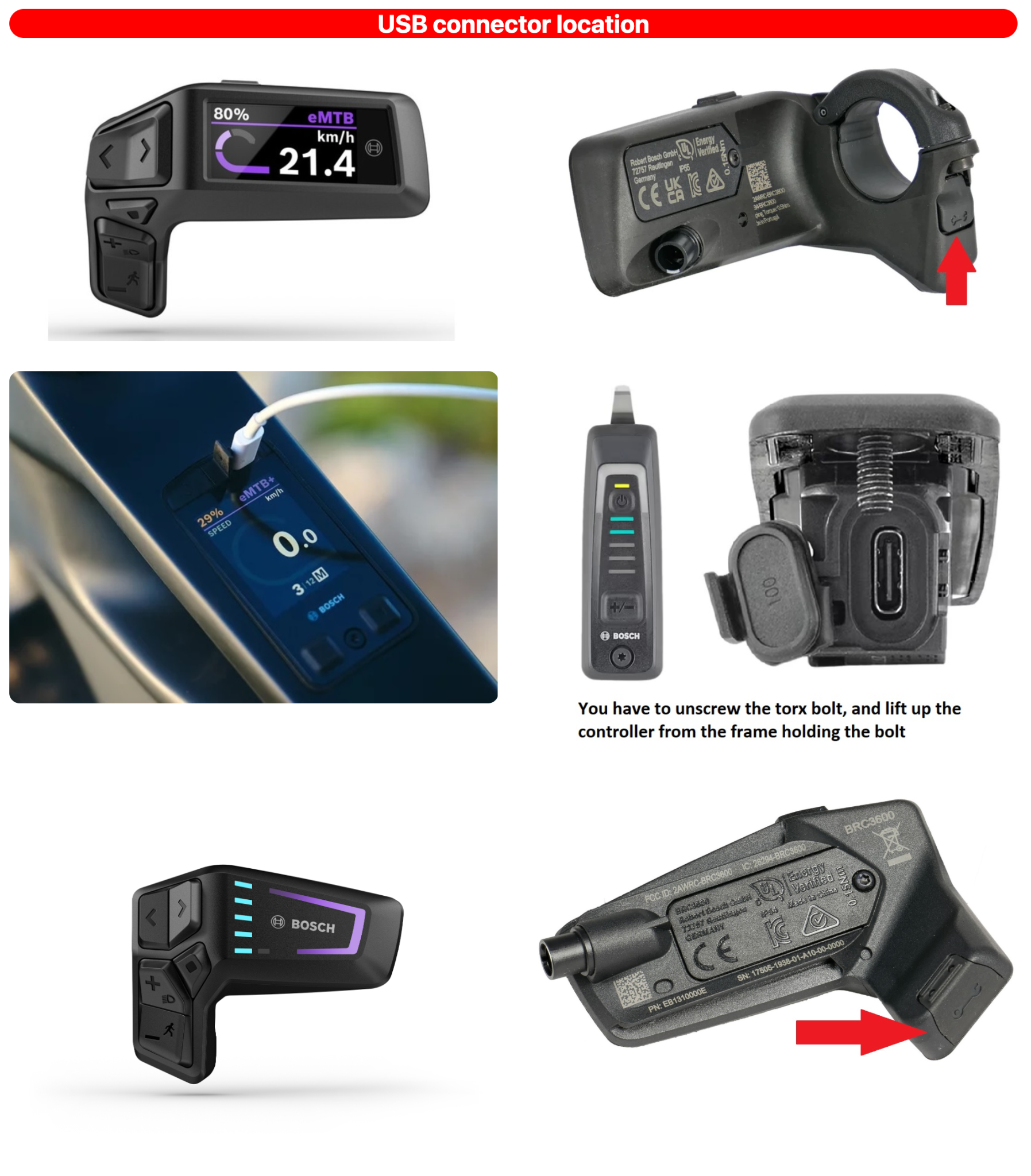 Umístění USB-C portu na ovladačích Bosch Smart System